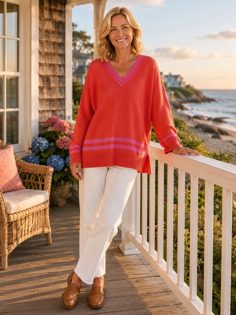 MERSEA Montauk V-Neck Sweater Coral Pink Stripe Oversized OS